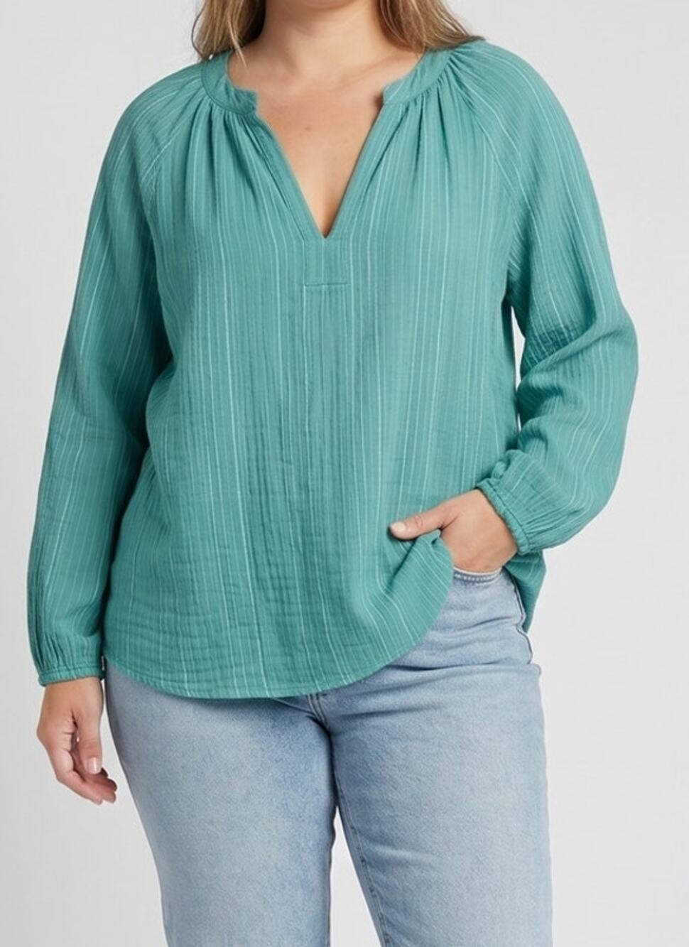 Falls Creek Womens Plus Size 1X Green V Neck 100% Cotton